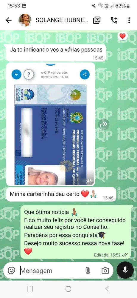 Mensagem de aluno agradecendo ao IBQP pela certificação (dados pessoais desfocados)