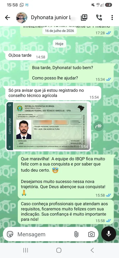 Mensagem de aluno agradecendo ao IBQP pela certificação (dados pessoais desfocados)